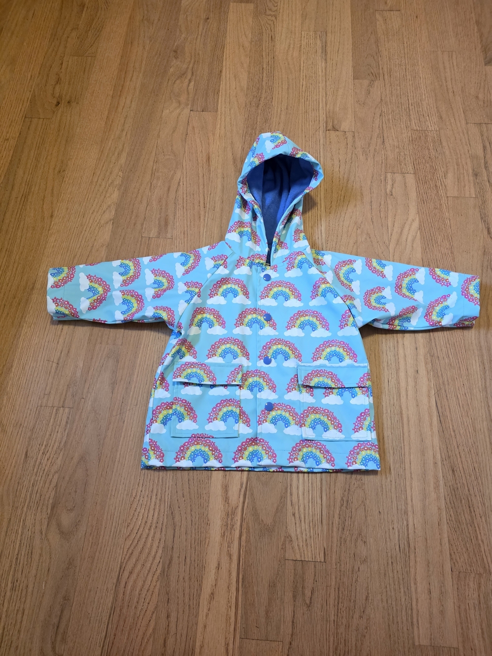 Hatley Kids Rainbow Hooded Raincoat Size 12-18 Months- Blue